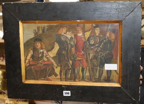 English School, watercolour, Renaissance soldiers before a battle 25 x 41cm